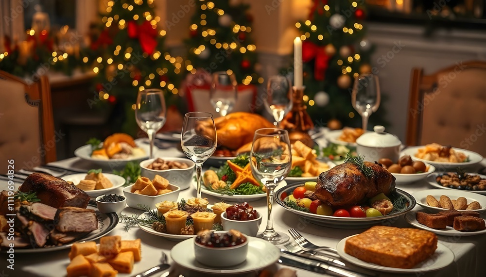 Festive New Year’s Table Setting with Dessert and Soft Lighting Festive New Year’s Table Setting with Dessert and Soft Lighting