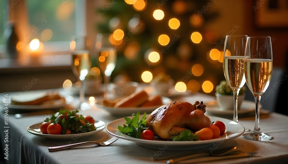 Festive New Year’s Table Setting with Dessert and Soft Lighting Festive New Year’s Table Setting with Dessert and Soft Lighting