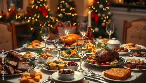 Festive New Year’s Table Setting with Dessert and Soft Lighting