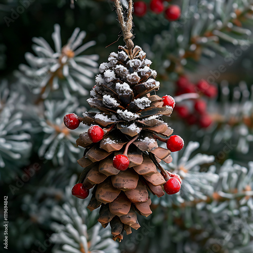 Snow-Dusted Pine Cone Ornament Adorned with Red Berries Hanging from a Miniature Christmas Tree Branch Against a Winter Wonderland Background
