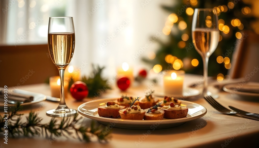 Fototapeta premium Festive New Year’s Table Setting with Dessert and Soft Lighting