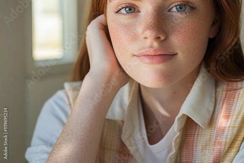 A close-up portrait of a young woman with freckles and blue eyes.