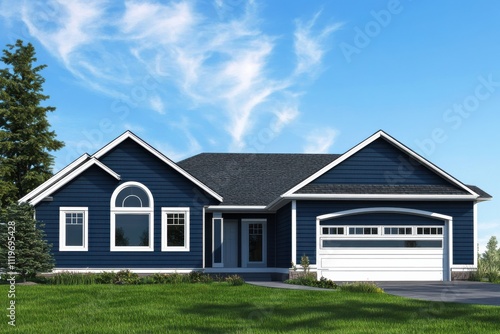 modern suburban house deep blue siding white trim arched window gray roof