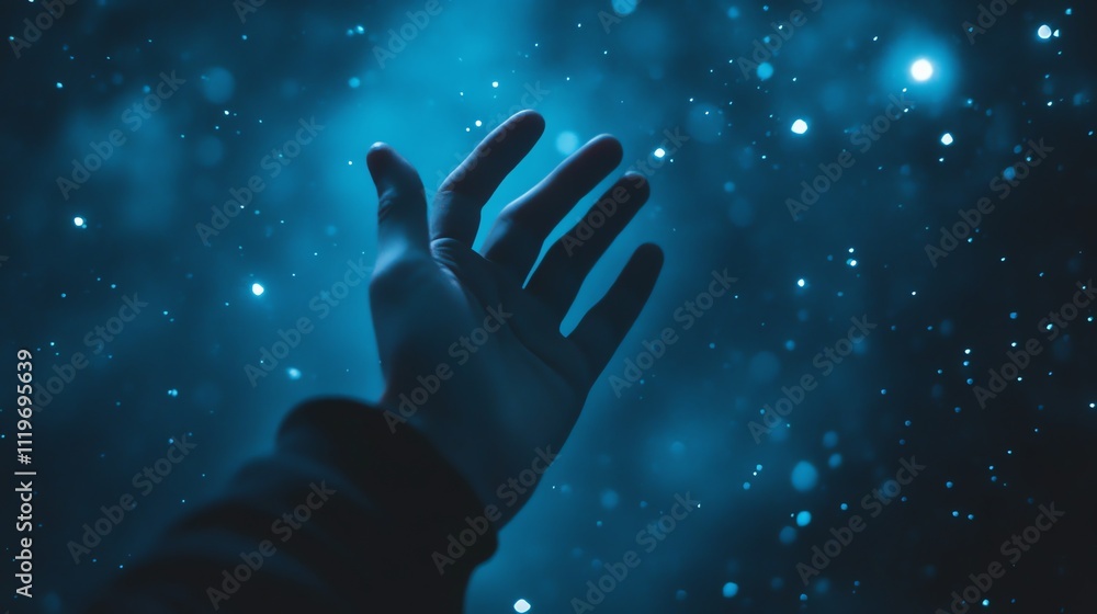 A hand reaches out against a dark blue background with sparkling lights. A hand reaches out against a dark blue background with sparkling lights.