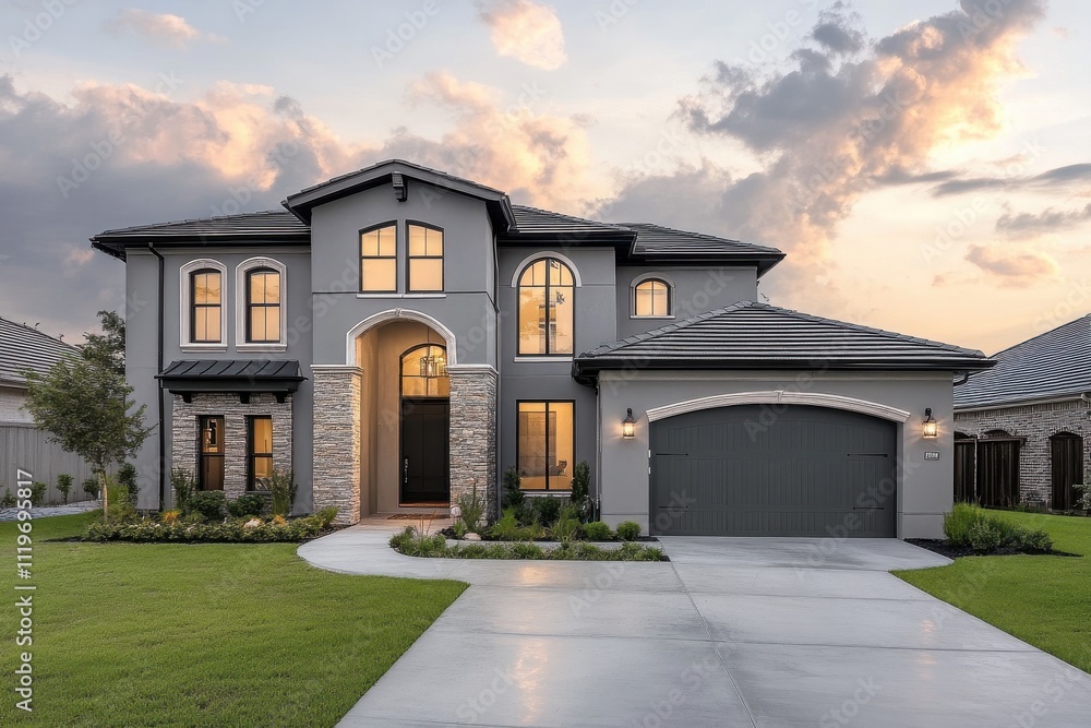 Modern suburban house gray exterior stone accent arched windows Modern suburban house gray exterior stone accent arched windows