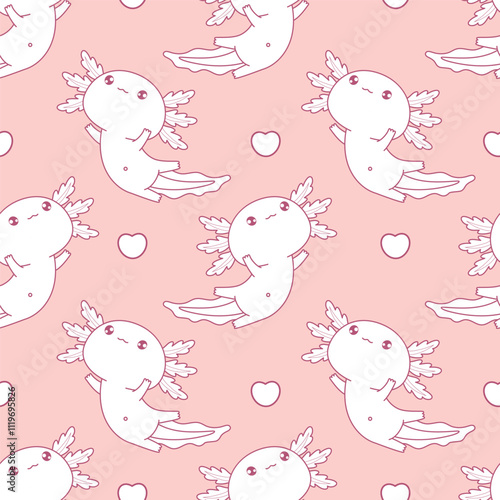 Seamless pattern cute Axolotl on pink background. Outline Little cartoon kawaii animal character. Line drawing. Vector illustration. Kids collection