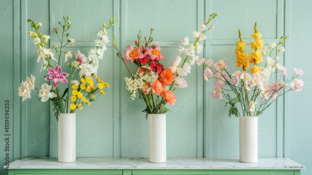 A row of five tall vases with different flowers arranged on top, each in white glass and placed against the wall A row of five tall vases with different flowers arranged on top, each in white glass and placed against the wall