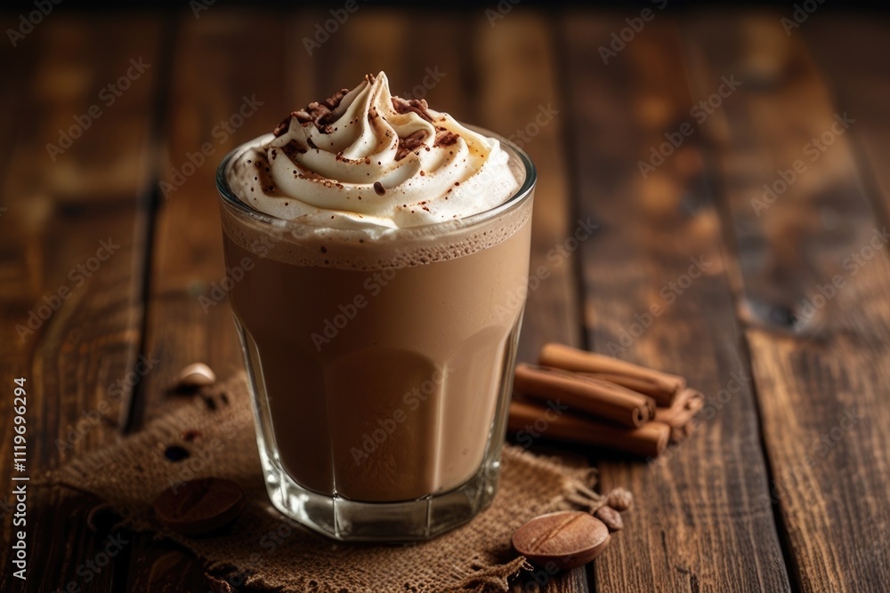 Warm latte with creamy whip and cinnamon on rustic board Warm latte with creamy whip and cinnamon on rustic board