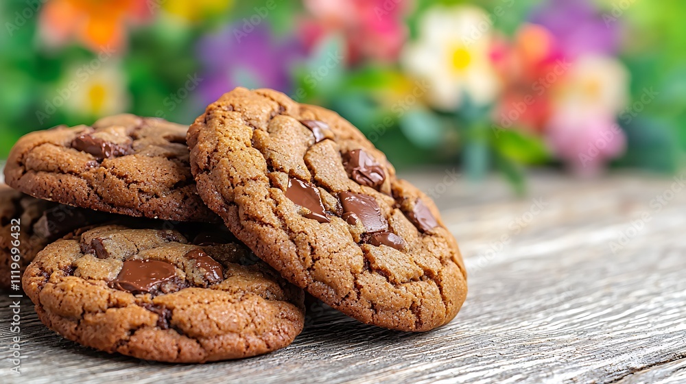 A close up photo showcasing a batch of delectable handmade chocolate cookies resting on a rustic wooden table with a colorful floral summer background, featuring vibrant blooms and lush greenery. A close up photo showcasing a batch of delectable handmade chocolate cookies resting on a rustic wooden table with a colorful floral summer background, featuring vibrant blooms and lush greenery.