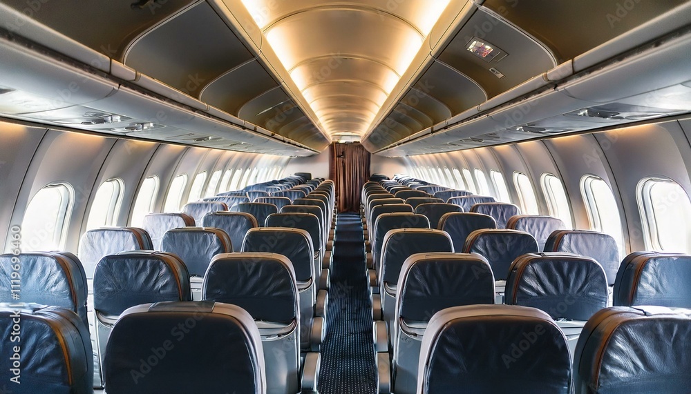 Fototapeta premium Inside a plane cabin with rows of seats