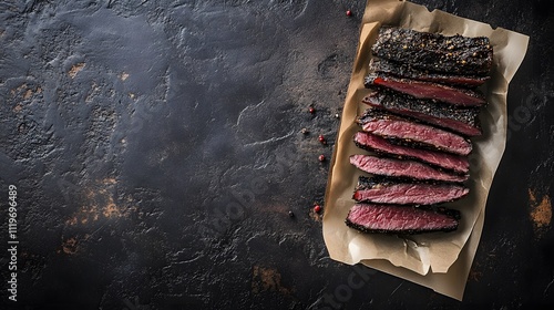 Biltong is a flavorful dried meat snack that showcases tender slices, perfectly seasoned, arranged beautifully on a rustic backdrop with a dark ambiance.