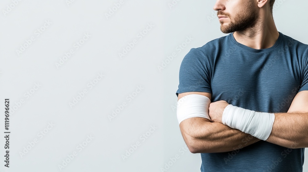 Athletic Man with Wrapped Arms Reflects on Injury Recovery Journey Against a Minimalist Background in a Stock Photo for Health and Wellness Themes Athletic Man with Wrapped Arms Reflects on Injury Recovery Journey Against a Minimalist Background in a Stock Photo for Health and Wellness Themes