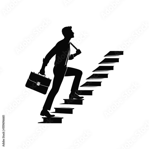 Motivational Silhouette of Man Climbing Career Ladder with Briefcase
