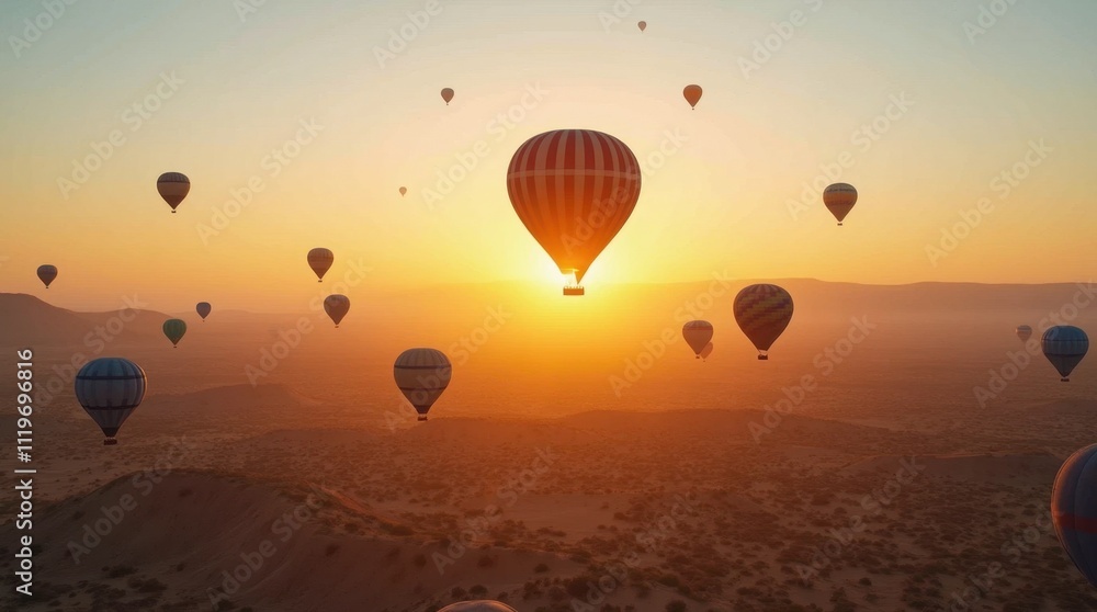 Obraz premium Hot Air Balloons Ascending Over Desert at Sunrise