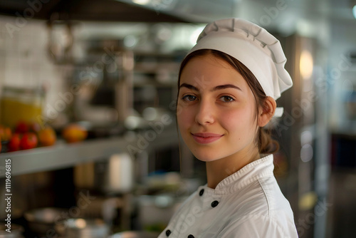 Generative AI Image of Smiling Professional Female Chef in Restaurant Kitchen photo