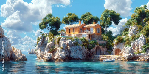Fototapeta Naklejka Na Ścianę i Meble -  A house is on a rocky island with a body of water in the background. The house is surrounded by trees and has a pool