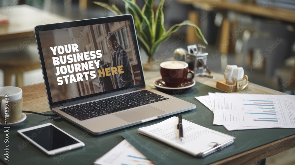 Computer with business phrases on screen, office in background. Computer with business phrases on screen, office in background.