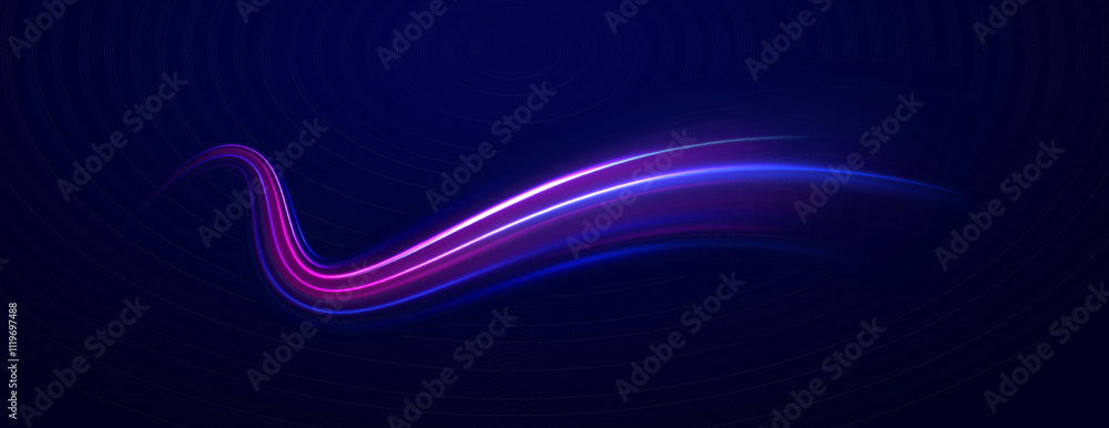 Obraz premium Magic bright shine glow of energy lines, shiny swirl power waves flow, electric trail glowing in dark backgrou. Abstract neon light motorway background.Light arc in neon colors, in the form of a turn.