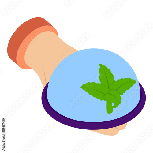 cannabis-infused food isometric concept, Hand holding cloche with hemp leaf vector icon design, Cannabis and marijuana symbol, thca and cbda sign, recreational herbal drug stock illustration