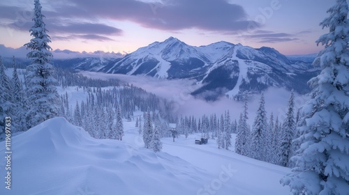 Snow-covered mountain peak at sunrise, ski resort in valley below, fog.