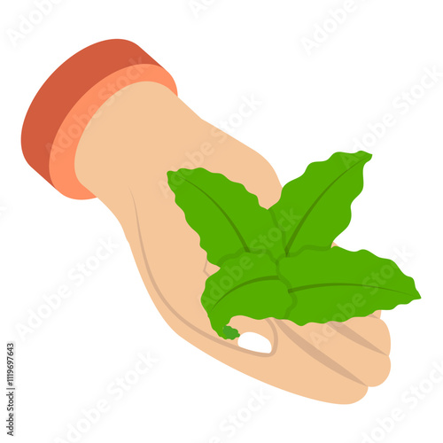 Hand Holding Hash Leaf isometric concept, Hemp Plant Care vector icon design, Cannabis and marijuana symbol, thca and cbda sign, recreational herbal drug stock illustration