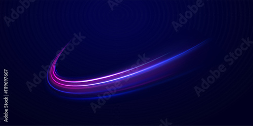 Creative vector illustration of flying cosmic meteor, planetoid, comet, fireball isolated on transparent background. Effect, png, wave,neon,line. Light arc in neon colors, in the form of a turn.