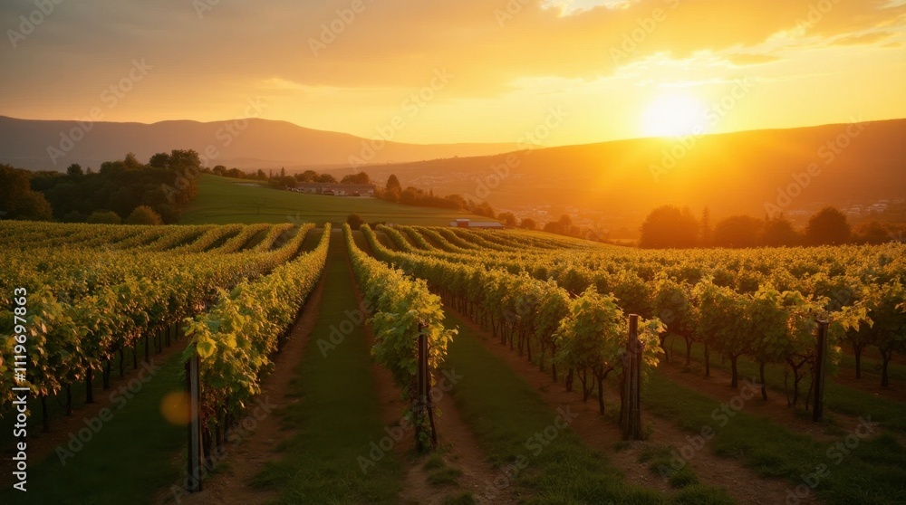 Fototapeta premium Golden Sunset Over a Picturesque Vineyard