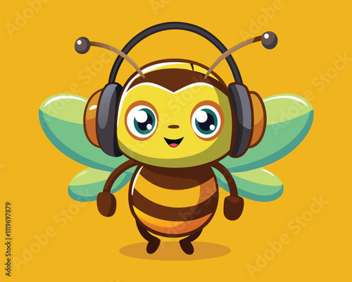 Cute Cartoon Bee Listening to Music with Headphones