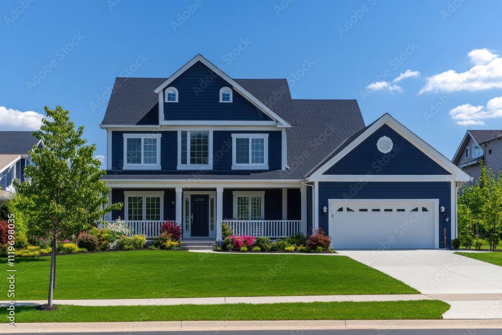 Photorealistic suburban house navy blue siding white trim two story ...