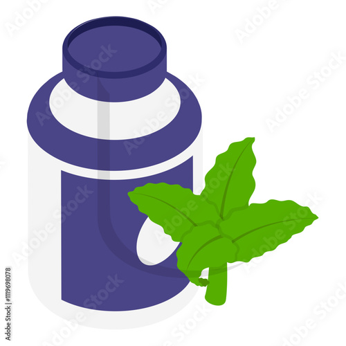Dry leaf storage isometric concept, dried bud container vector icon design, Cannabis and marijuana symbol, thca and cbda sign, recreational herbal drug stock illustration