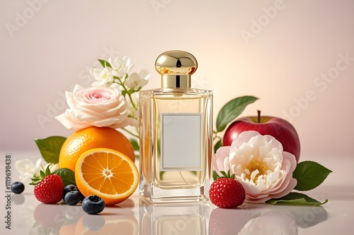 Bottle perfume mockup with flower and fruits background