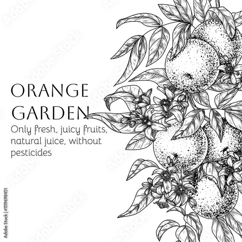 Vector frame of citrus orchard with oranges. Fruits, leaves and blossoms in engraving style	