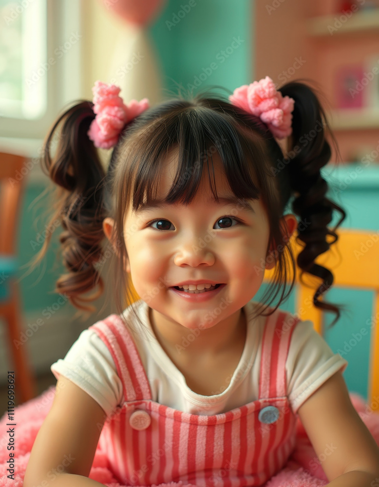 Adorable toddler with pigtails and striped overalls in a cheerful room Adorable toddler with pigtails and striped overalls in a cheerful room