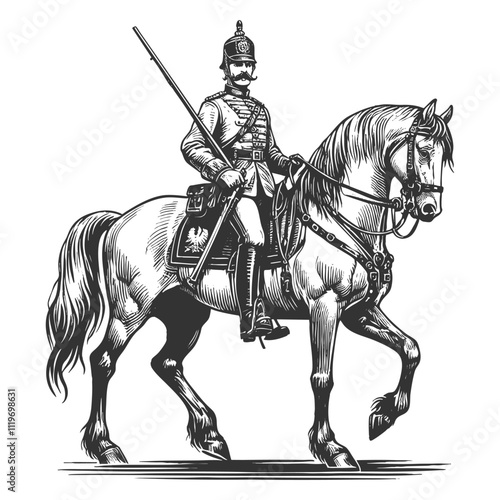Polish Hussar cavalry officer in ornate uniform riding a richly adorned horse in a regal pose sketch engraving generative ai vector illustration. Scratch board imitation. Black and white image.