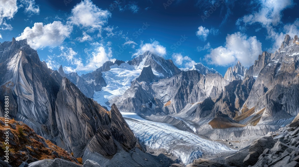 Obraz premium High-end photography of a dramatic mountain range with a glacier and a deep blue sky in the background