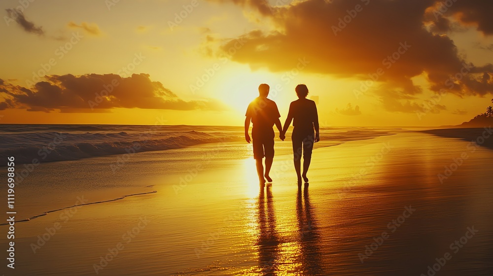 A senior couple walks hand-in-hand along a sandy beach at sunset. A senior couple walks hand-in-hand along a sandy beach at sunset.