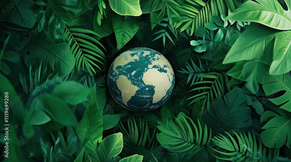 Earth surrounded by lush green tropical foliage. Earth surrounded by lush green tropical foliage.
