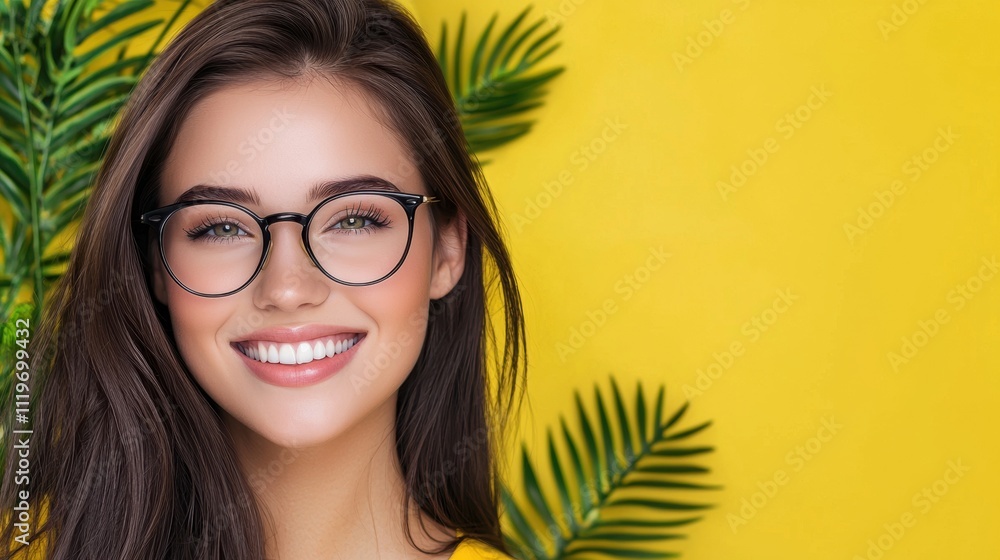 Joyful young woman in glasses against bright yellow background Joyful young woman in glasses against bright yellow background