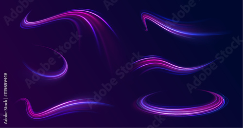 Acceleration speed motion on night road. Colorful Light Trails, Long Time Exposure Motion Blur Effect. Abstract fire flare trace lens flares acceleration speed motion on night road. 