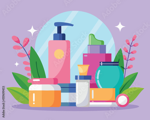 Beauty Products Illustration. Essential Skincare and Makeup Items