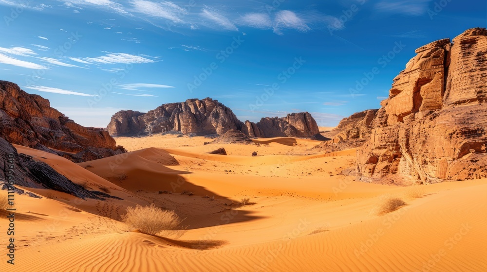 High-end photography of a dramatic desert landscape with towering sand dunes and a clear blue sky High-end photography of a dramatic desert landscape with towering sand dunes and a clear blue sky