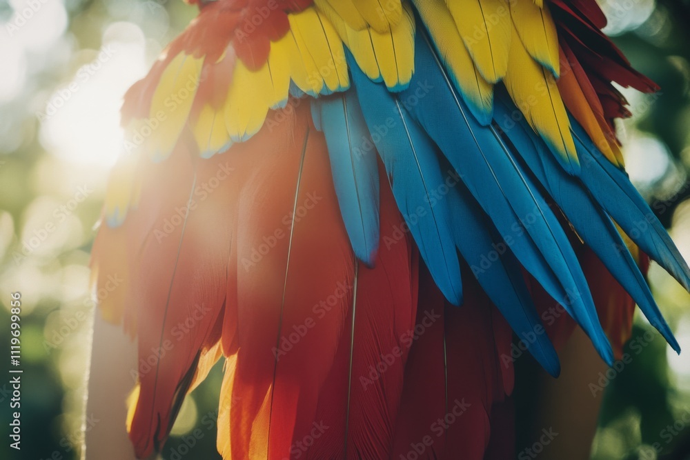 Obraz premium Brightly colored parrot feathers catch the sunlight, showcasing a burst of vibrant reds, blues, and yellows in a natural, tropical setting.