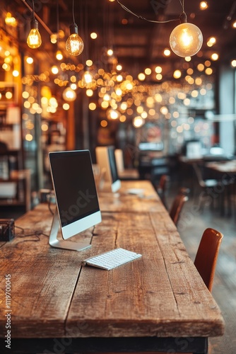 Wallpaper Mural Warm  inviting Cozy workspace in a trendy cafe with natural wood accents  soft, ambient lighting. Torontodigital.ca