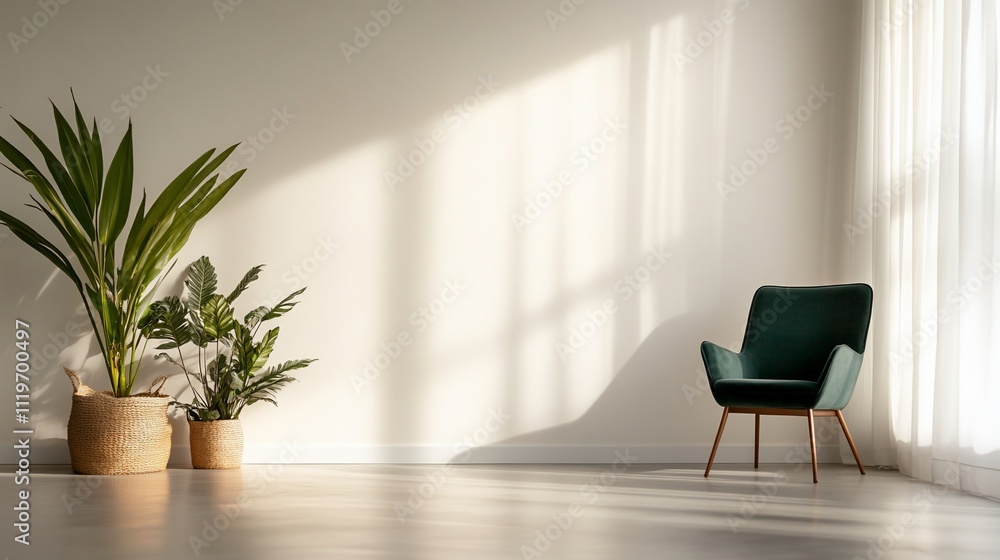 A serene interior featuring plants and a cozy chair with sunlight. A serene interior featuring plants and a cozy chair with sunlight.