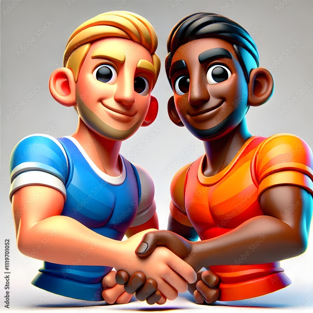 Fototapeta premium a cartoonish 3D graphic of two human figures shaking hands with exaggerated features and pastel colors