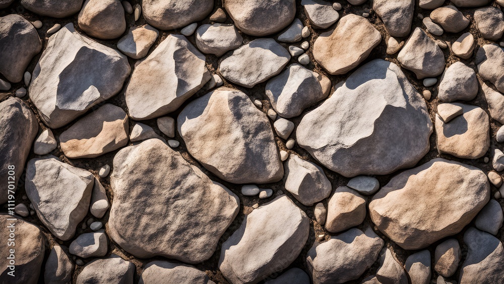 Close-up of a textured stone surface with various shapes and sizes of rocks, displaying natural color variations and shadows. Close-up of a textured stone surface with various shapes and sizes of rocks, displaying natural color variations and shadows.