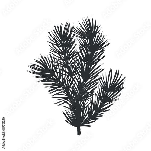 Spruce twig with needles. Pine tree branch. Christmas traditional plant. Vector graphic illustration. Winter holiday background for home interior. Festive clipart for postcard, winow, print, packaging
