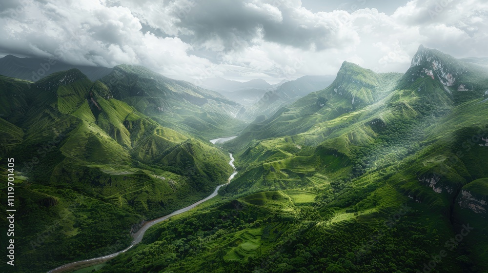 Obraz premium High-end photography of a dramatic mountain landscape with a winding river and lush green valleys