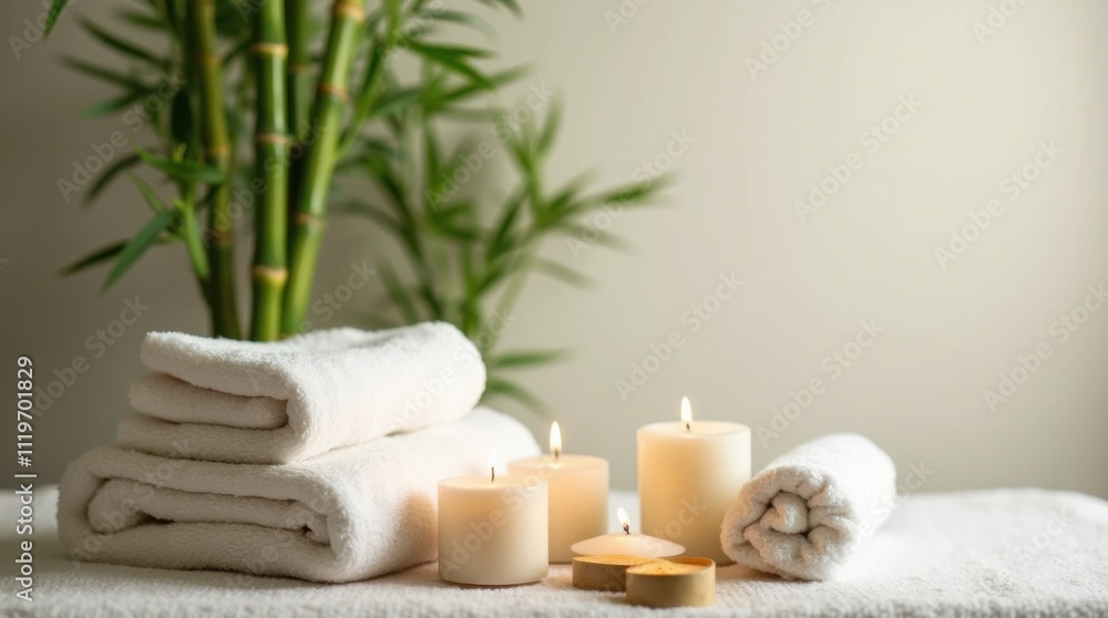 Serene Spa Setup with White Towels, Candles, and Bamboo Plant Serene Spa Setup with White Towels, Candles, and Bamboo Plant