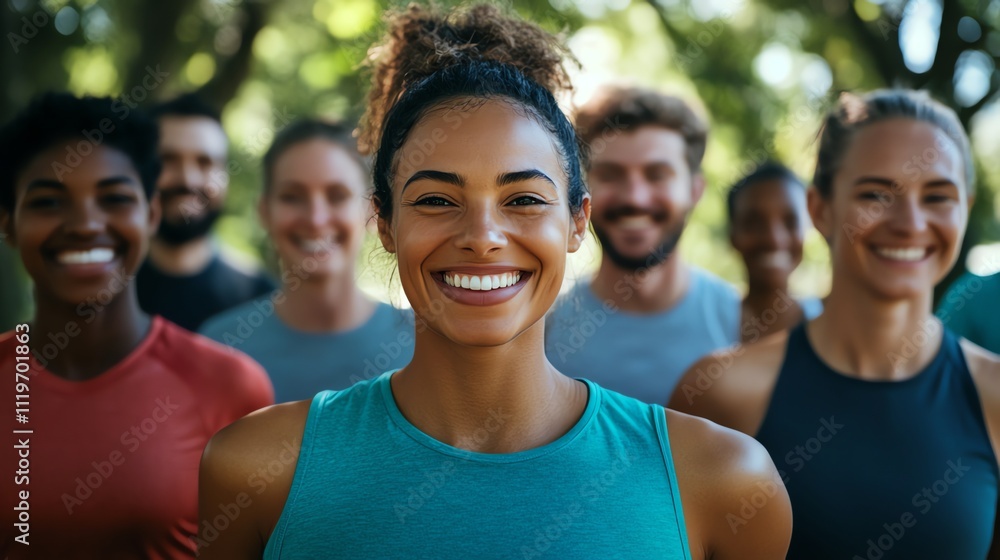 A group of smiling people in athletic wear outdoors. A group of smiling people in athletic wear outdoors.